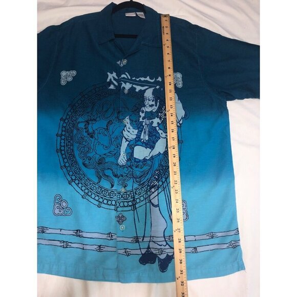 Mens Shirt Size L Button Front Casual Short Sleeve Blue Samurai Hawaiian VTG - Picture 6 of 6